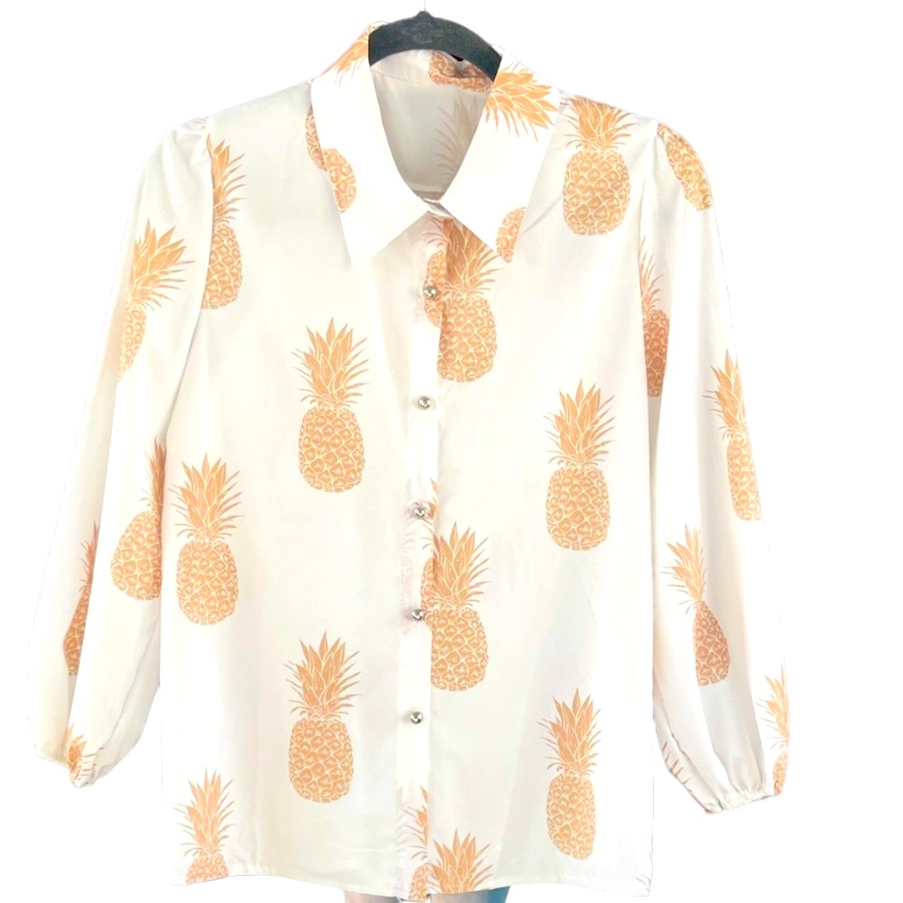 Suvimuga Pineapple Print Chiffon Blouse with Silver Buttons Size Medium